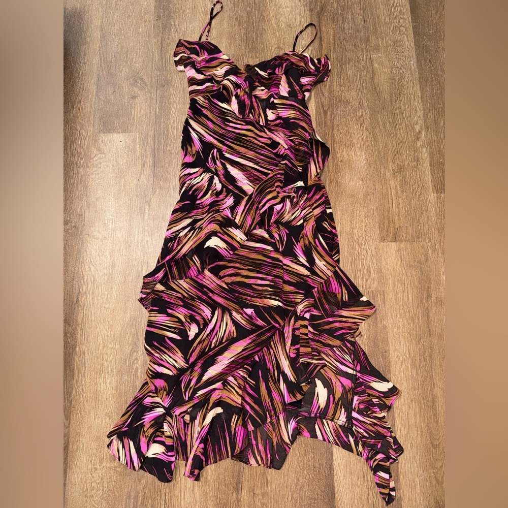 Dress Forum Multicolor VNeck Flowy Asymmetric LaceUp Ruffle Formal Dress Med